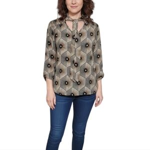 A Love Story Tie Neck Blouse Womens Size M Black Brown Geometric 3/4 Sleeve Top